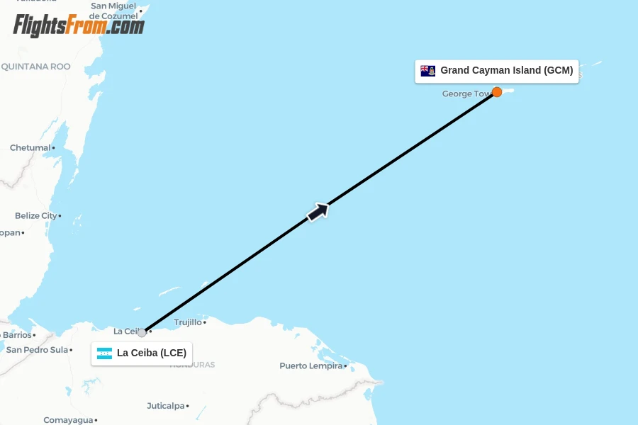 Flights from La Ceiba to Grand Cayman Island route map
