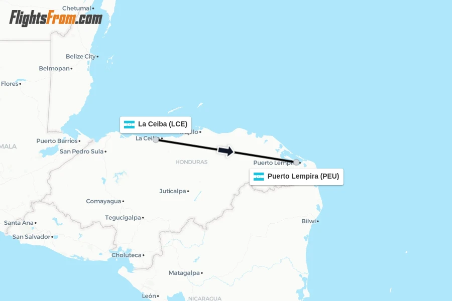 Flights from La Ceiba to Puerto Lempira route map