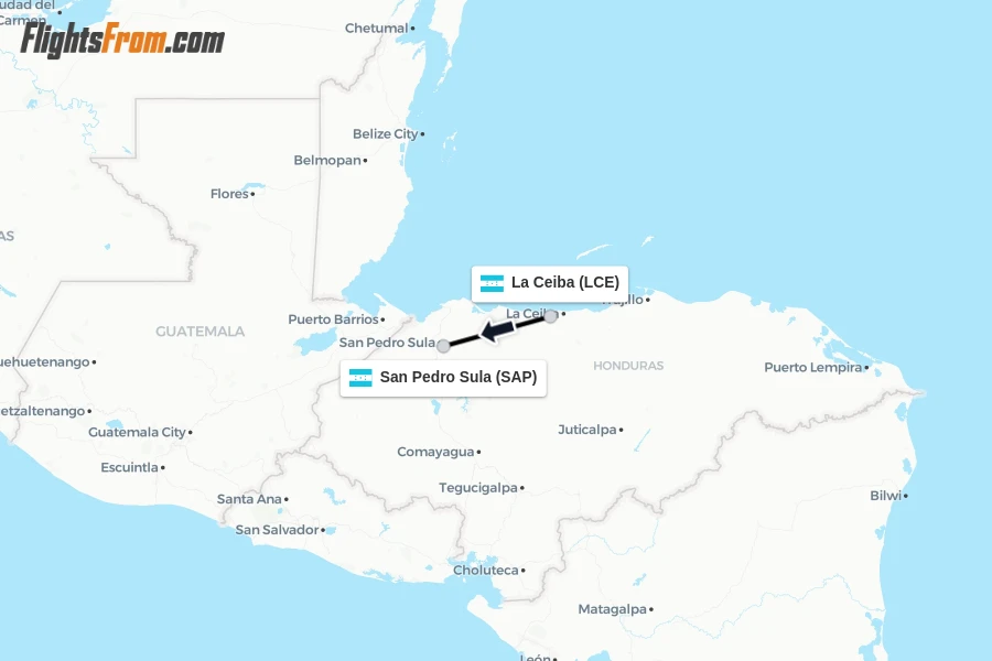 Flights from La Ceiba to San Pedro Sula route map