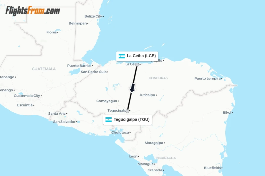 Flights from La Ceiba to Tegucigalpa route map