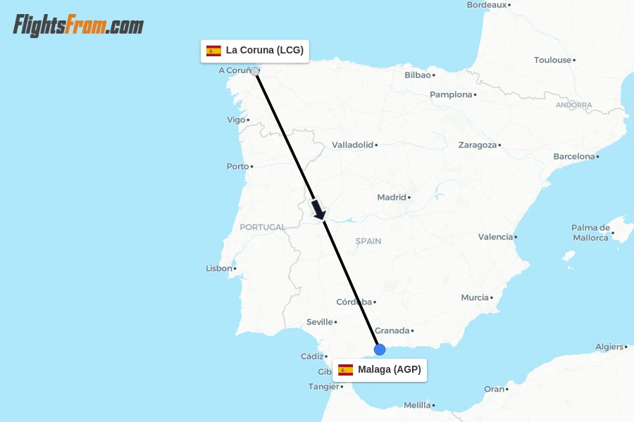 Flights from La Coruna to Malaga route map