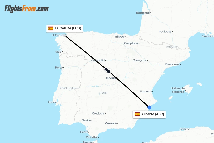 Flights from La Coruna to Alicante route map