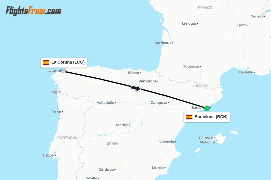 Flights from La Coruna to Barcelona route map