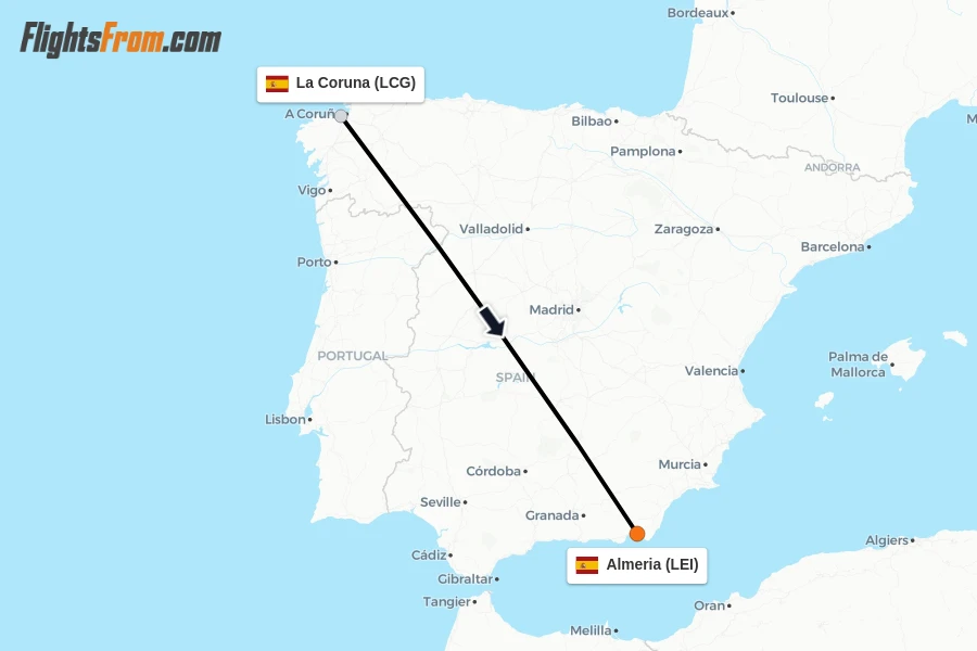 Flights from La Coruna to Almeria route map