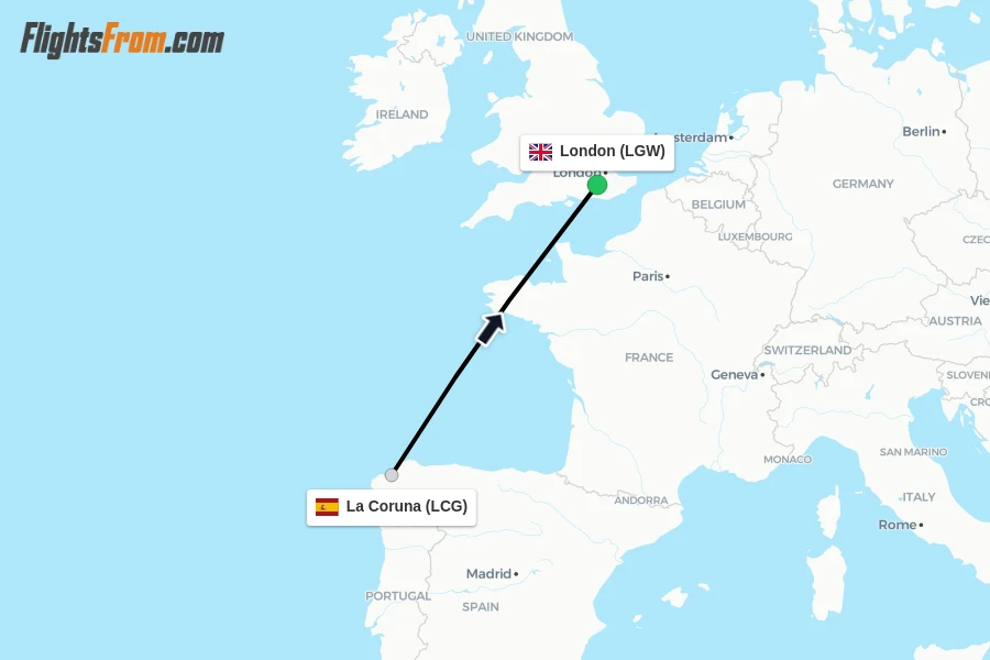 Flights from La Coruna to London route map