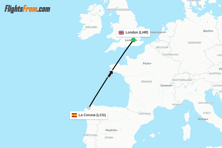 Flights from La Coruna to London route map