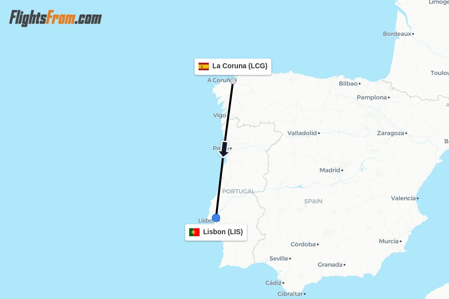 Flights from La Coruna to Lisbon route map