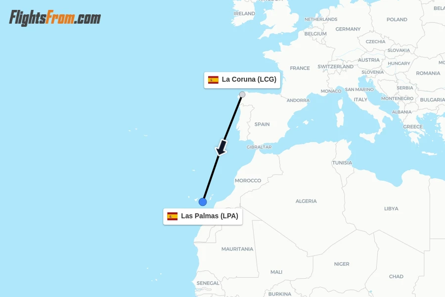Flights from La Coruna to Las Palmas route map