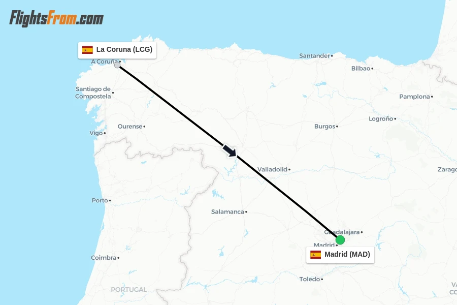 Flights from La Coruna to Madrid route map