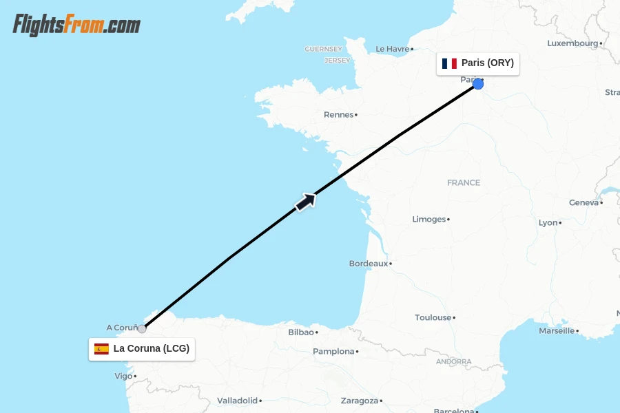 Flights from La Coruna to Paris route map