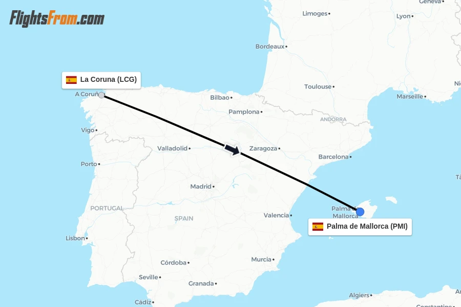 Flights from La Coruna to Palma de Mallorca route map