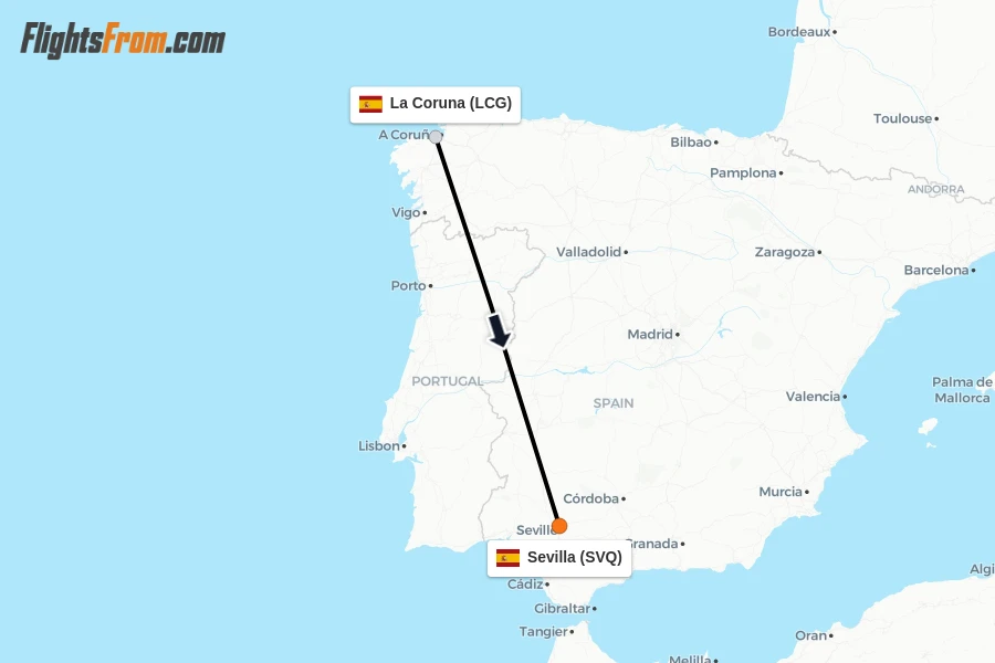 Flights from La Coruna to Sevilla route map