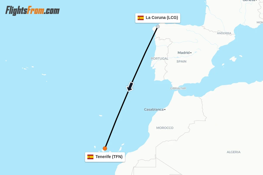 Flights from La Coruna to Tenerife route map