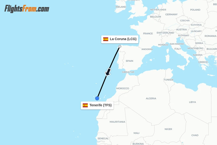 Flights from La Coruna to Tenerife route map