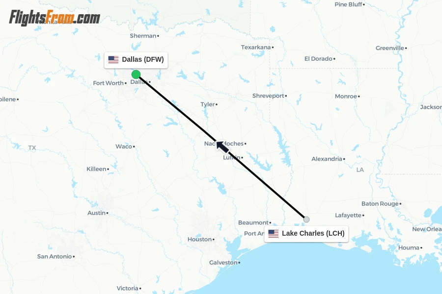 Flights from Lake Charles to Dallas route map
