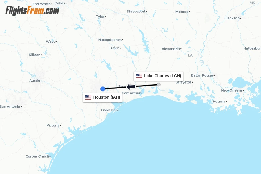Flights from Lake Charles to Houston route map