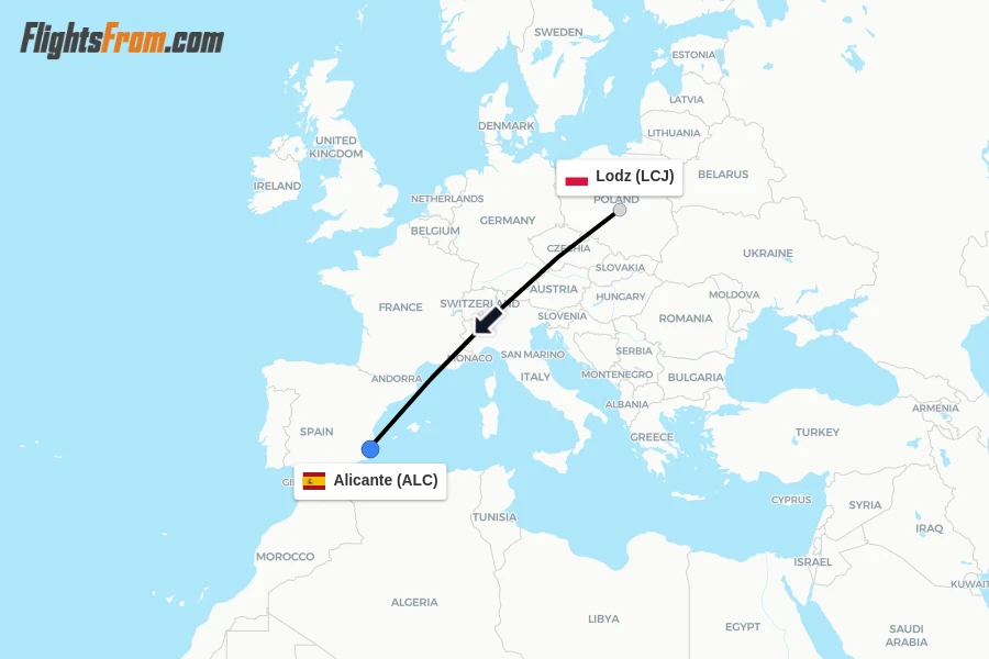 Flights from Lodz to Alicante route map