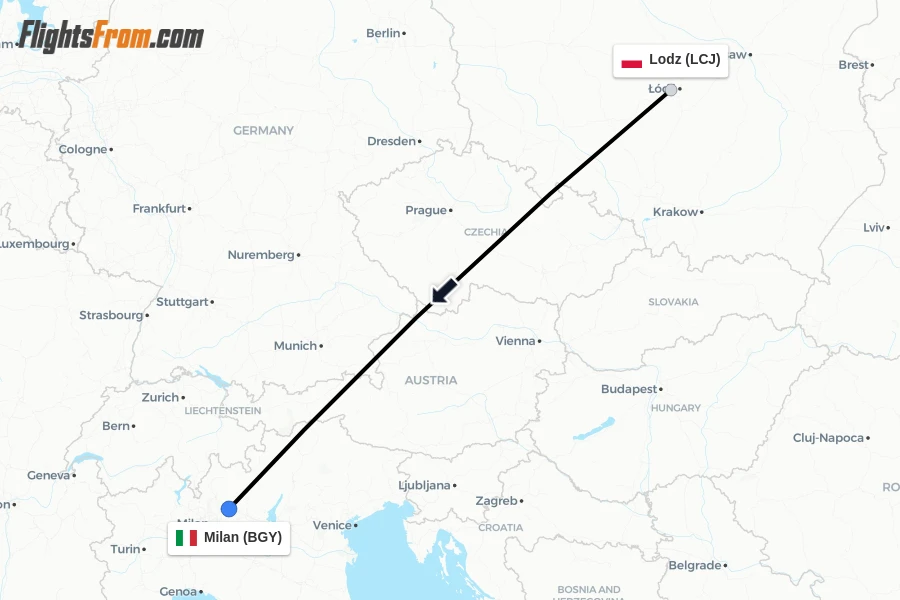 Flights from Lodz to Milan route map