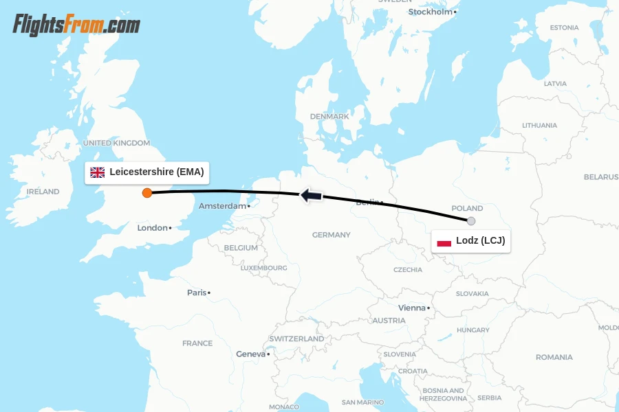 Flights from Lodz to Leicestershire route map