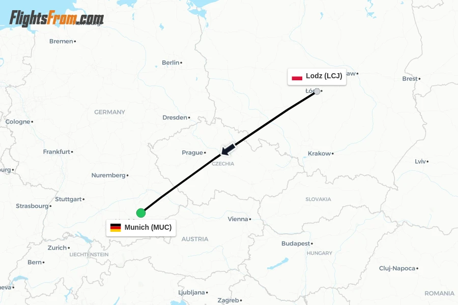 Flights from Lodz to Munich route map