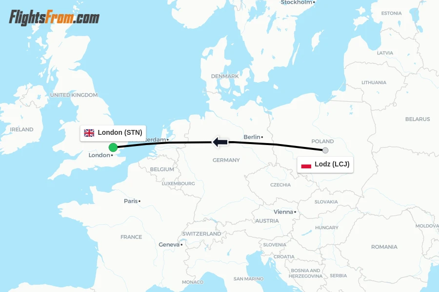 Flights from Lodz to London route map
