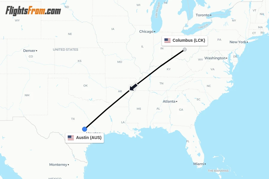 Flights from Columbus to Austin route map