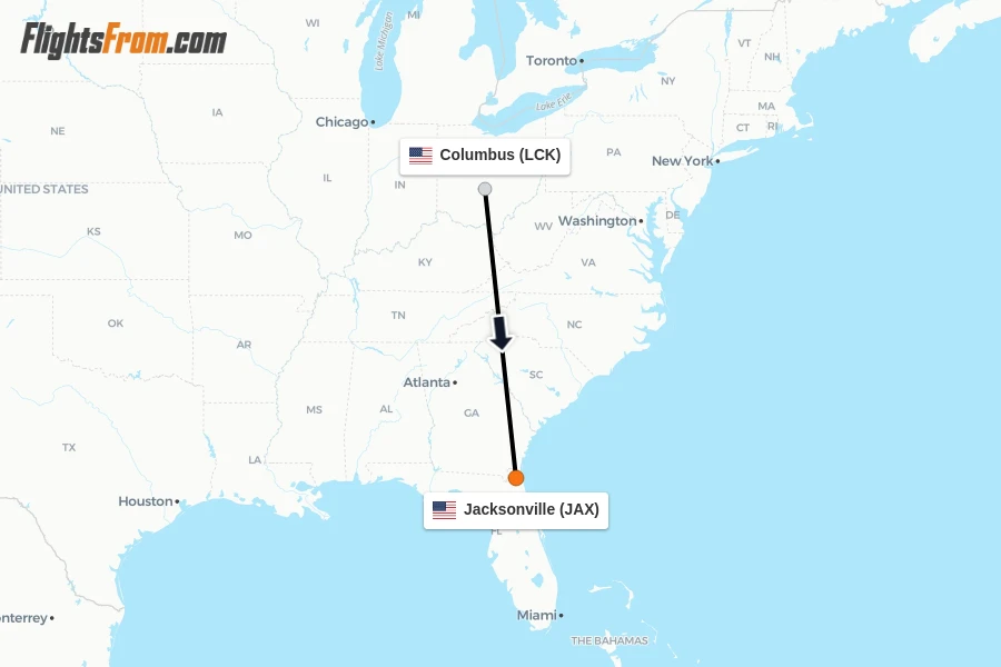 Flights from Columbus to Jacksonville route map