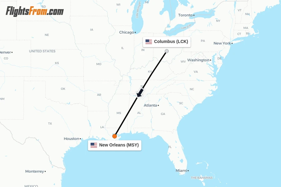 Flights from Columbus to New Orleans route map