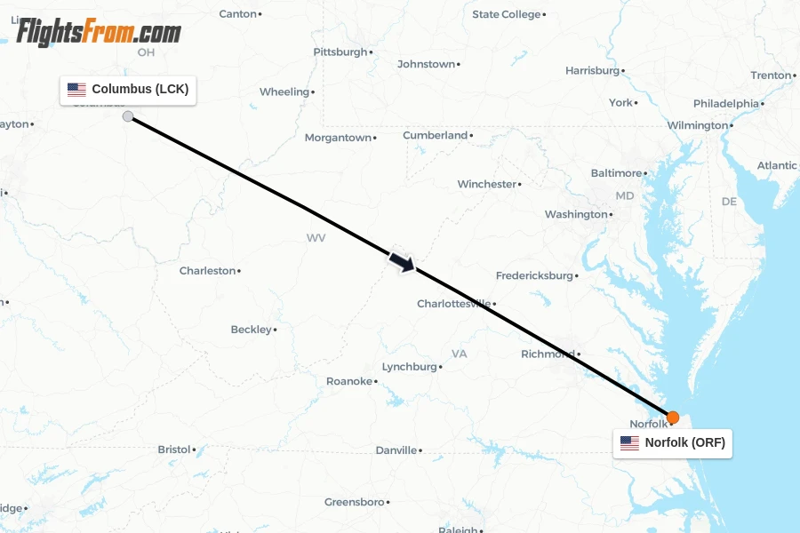 Flights from Columbus to Norfolk route map