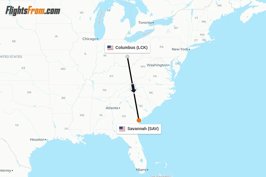 Flights from Columbus to Savannah route map