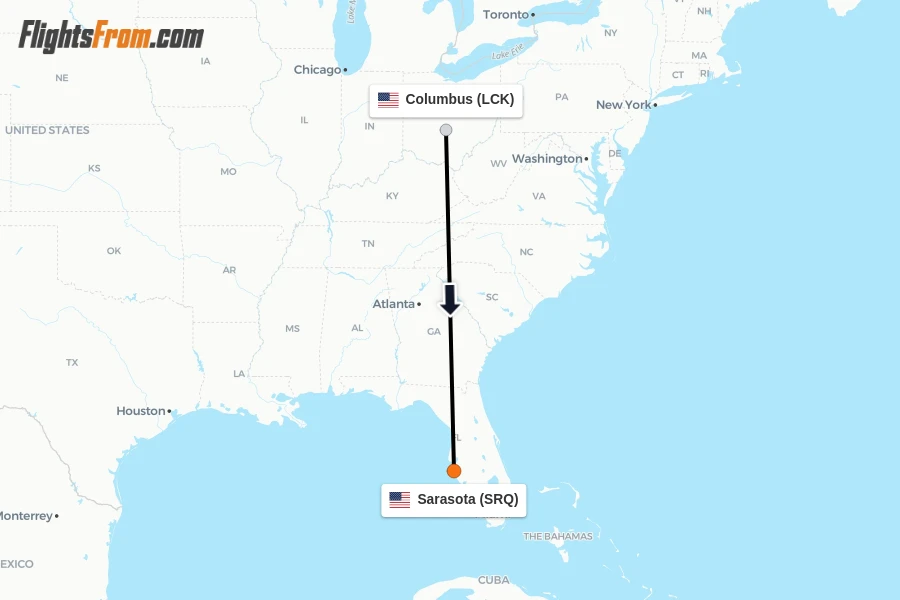 Flights from Columbus to Sarasota route map