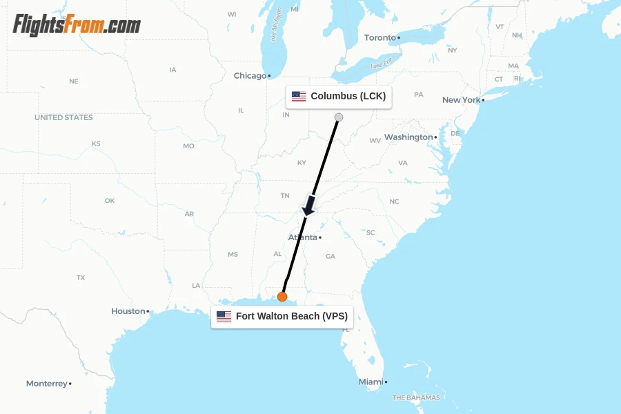Flights from Columbus to Fort Walton Beach route map