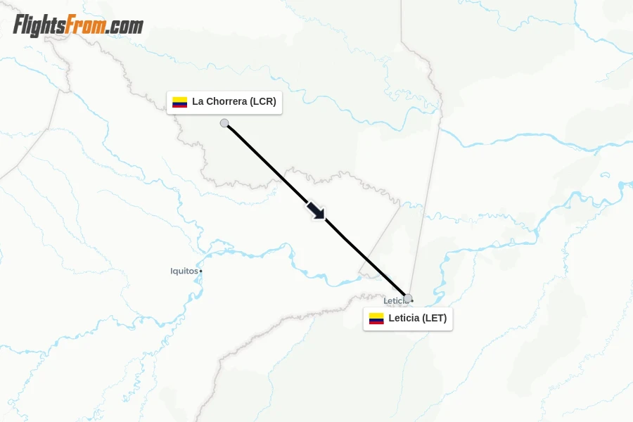 Flights from La Chorrera to Leticia route map