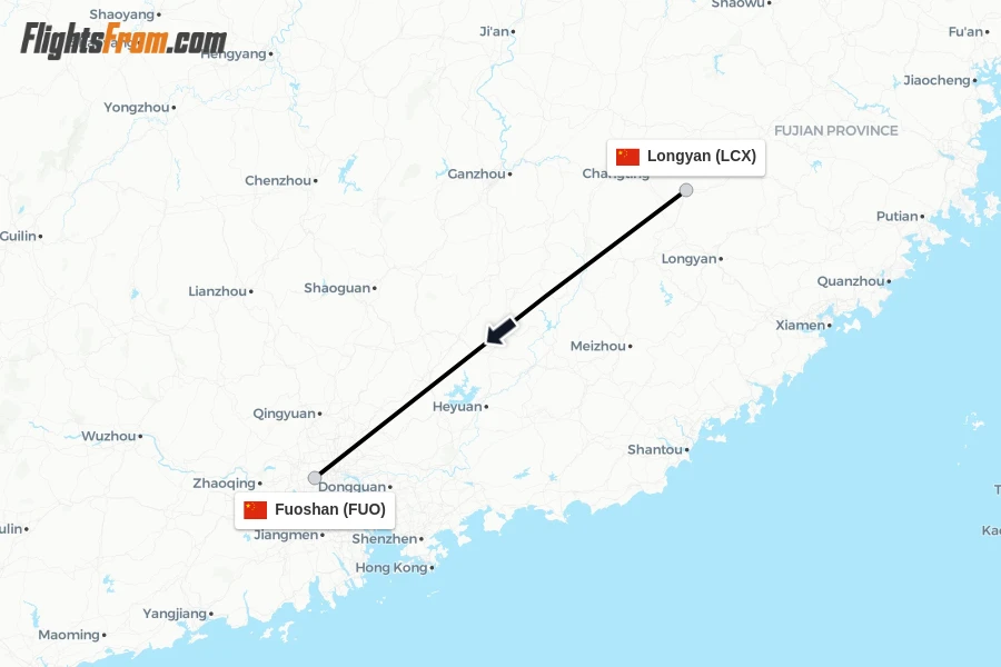 Flights from Longyan to Fuoshan route map