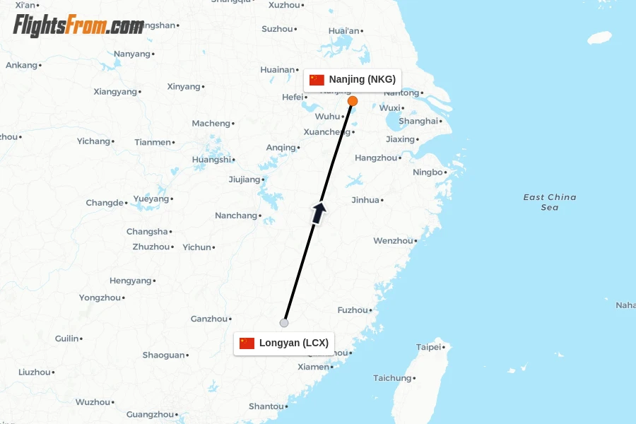 Flights from Longyan to Nanjing route map