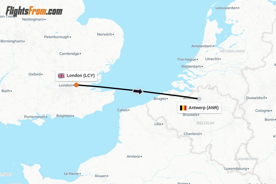 Flights from London to Antwerp route map