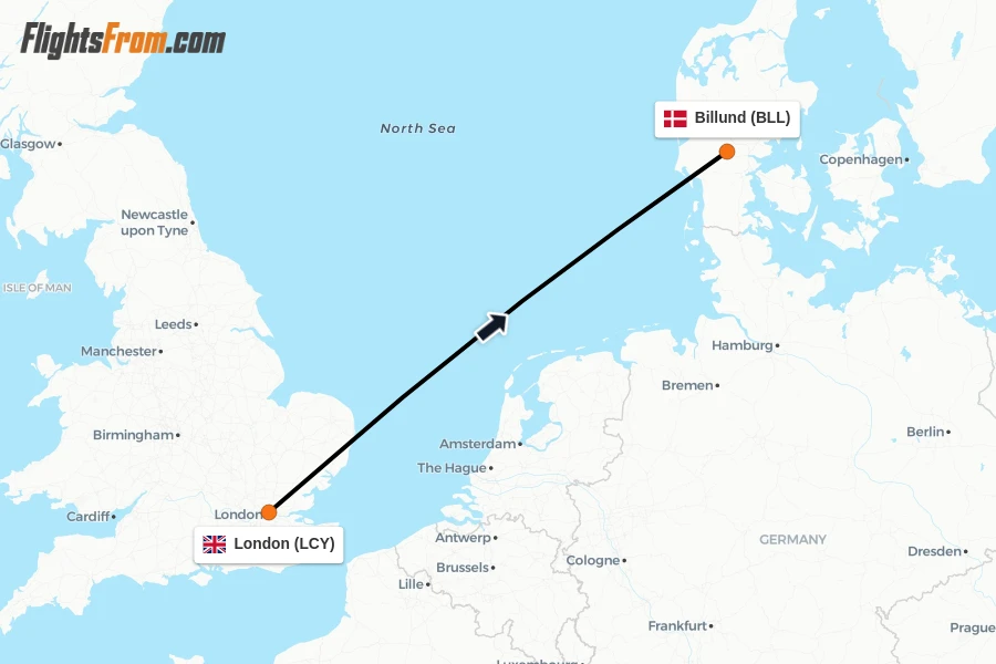 Flights from London to Billund route map