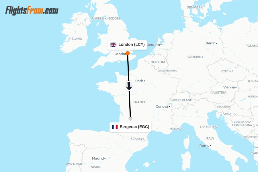Flights from London to Bergerac route map