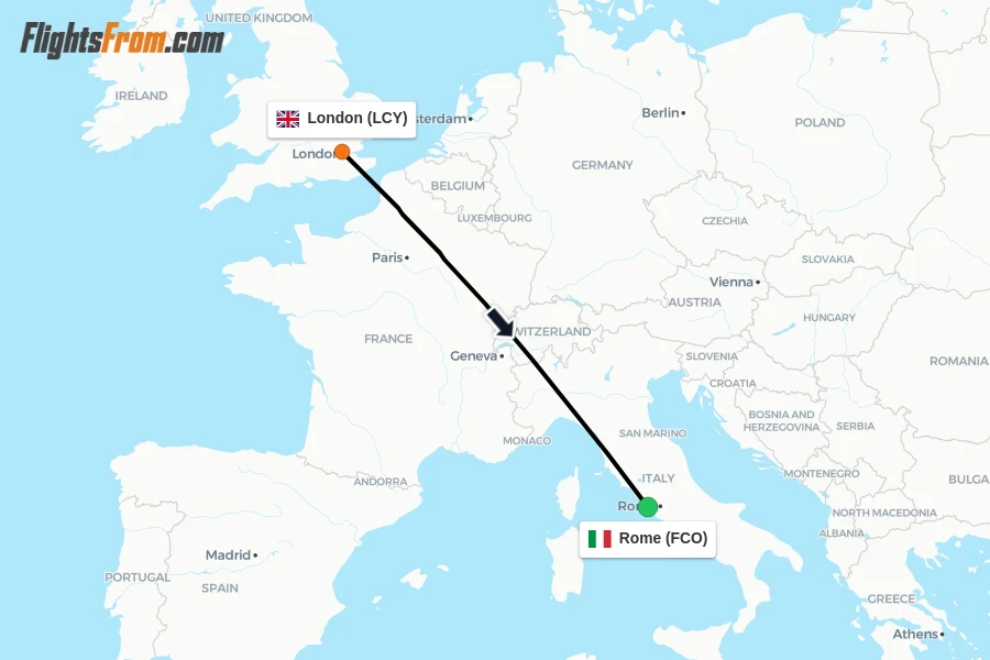 Flights from London to Rome route map