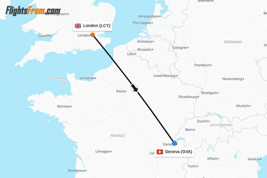 Flights from London to Geneva route map
