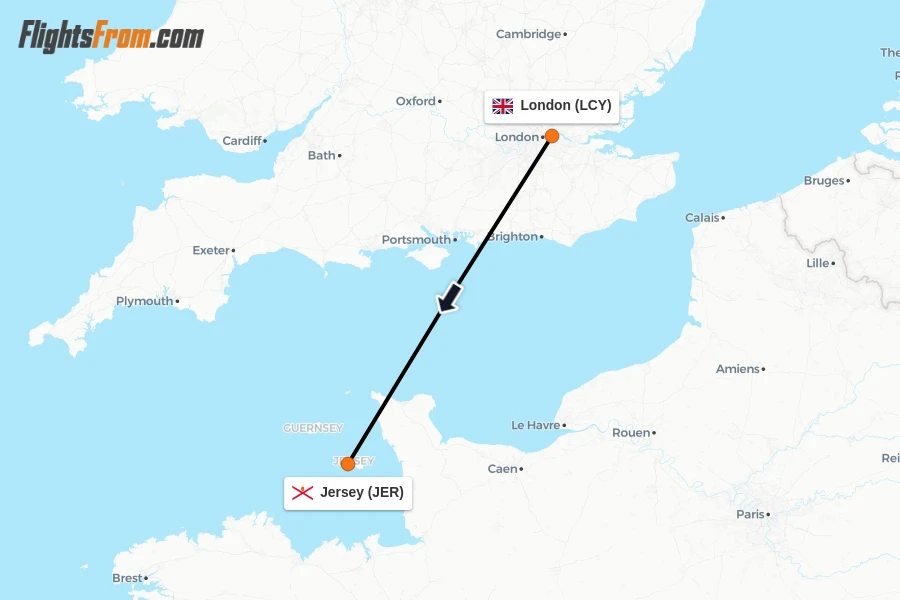 Flights from London to Jersey route map