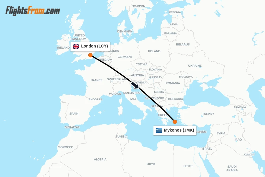 Flights from London to Mykonos route map