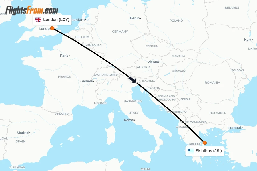 Flights from London to Skiathos route map