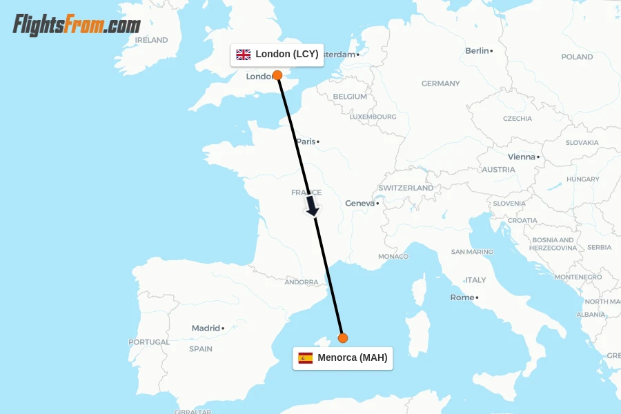 Flights from London to Menorca route map