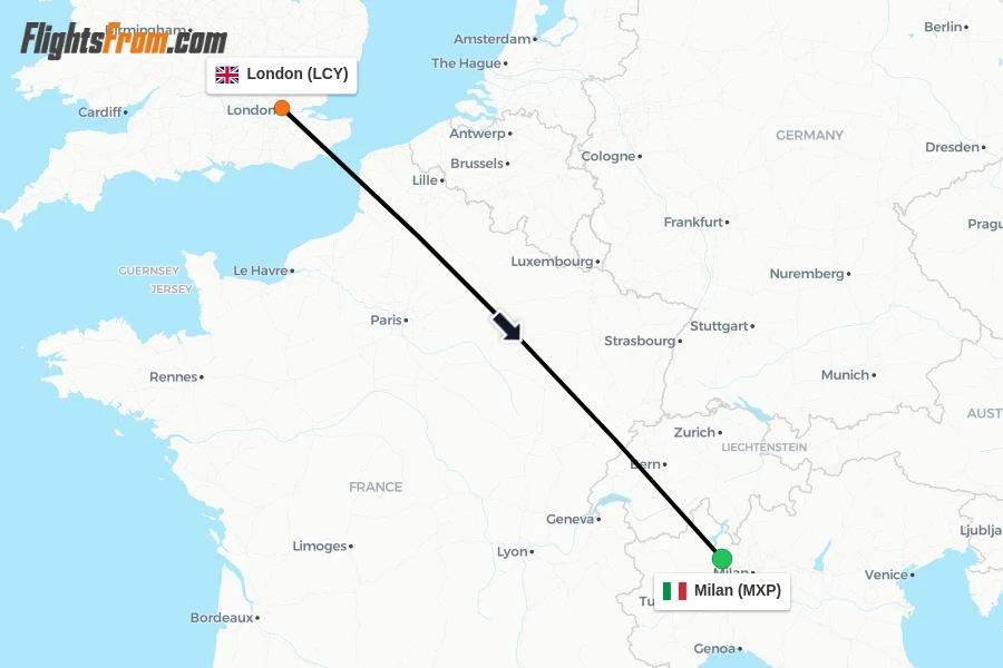 Flights from London to Milan route map