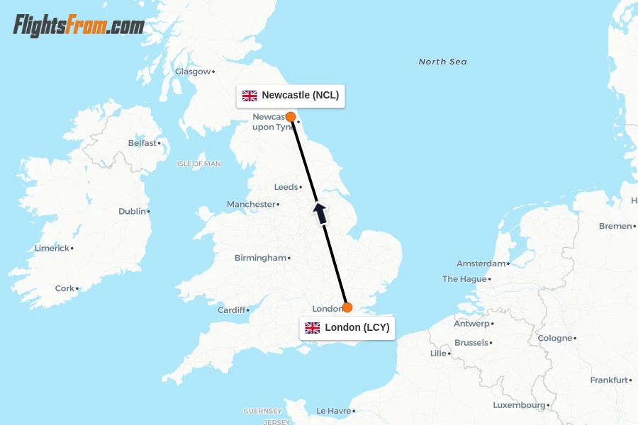 Flights from London to Newcastle route map