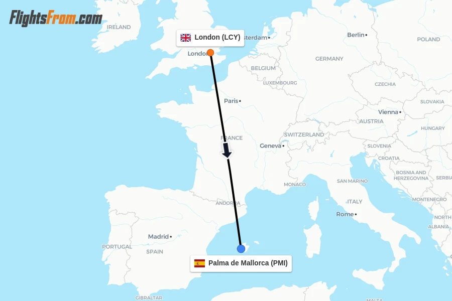 Flights from London to Palma de Mallorca route map