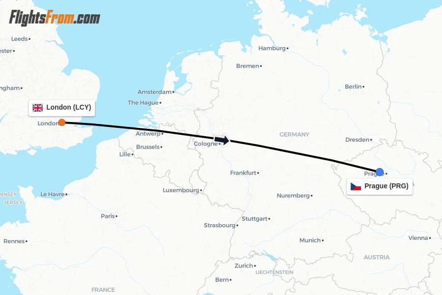 Flights from London to Prague route map