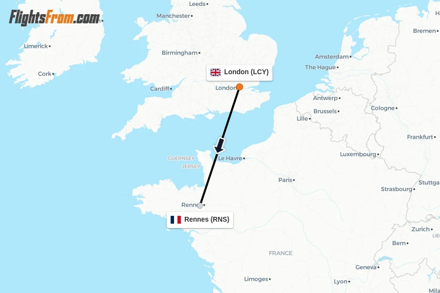 Flights from London to Rennes route map