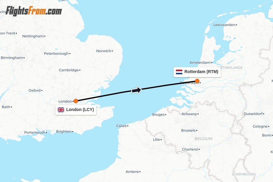 Flights from London to Rotterdam route map